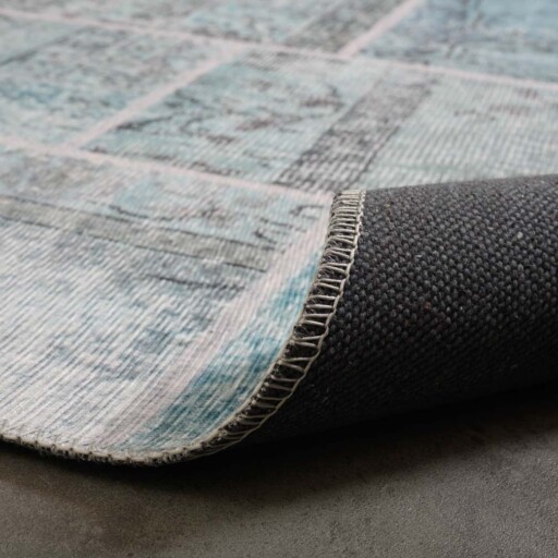 Patchwork vloerkleed - Fade Heritage grijs/turquoise - close up vouw, thumbnail