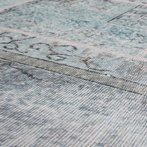 Patchwork vloerkleed - Fade Heritage grijs/turquoise - close up materiaal, thumbnail