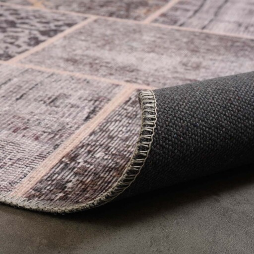 Patchwork vloerkleed - Fade Heritage taupe - close up vouw, thumbnail