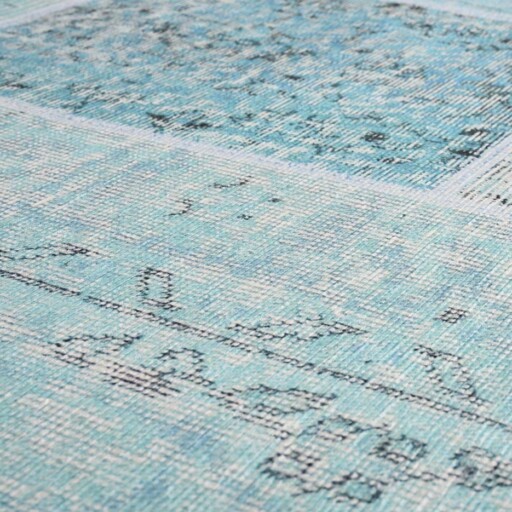 Patchwork vloerkleed - Fade Heritage turquoise - close up materiaal, thumbnail