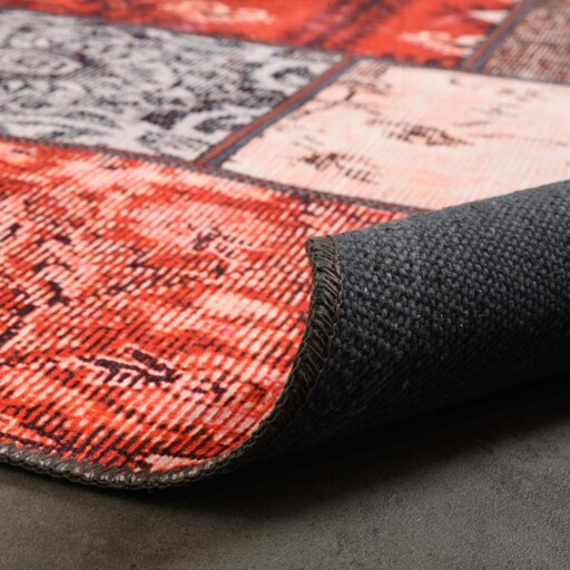 Patchwork vloerkleed - Fade No.1 rood/multi - close up vouw, thumbnail