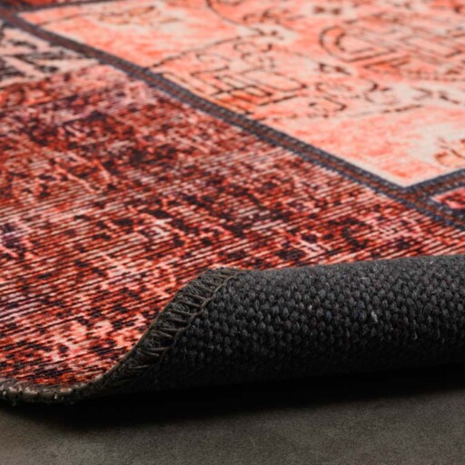 Rond patchwork vloerkleed - Fade No.1 rood/multi - close up vouw, thumbnail