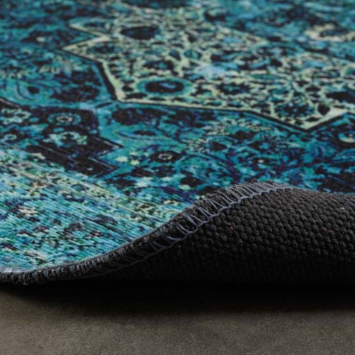 Rond vintage vloerkleed - Fade No.2 blauw - close up vouw, thumbnail