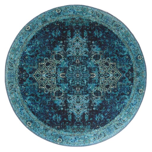 Rond vintage vloerkleed - Fade No.2 blauw - overzicht boven