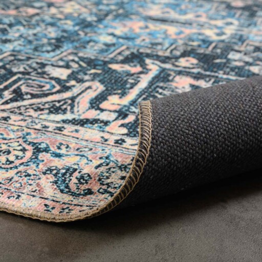 Vintage vloerkleed - Fade No.3 blauw/oranje - close up vouw, thumbnail