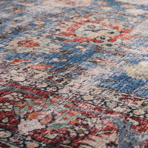 Vintage vloerkleed - Fade Oasis blauw/rood - close up materiaal, thumbnail