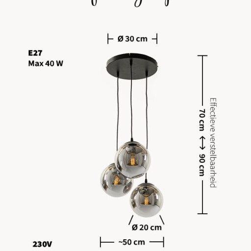 Hanglamp smoke glas - Trois Rois zwart