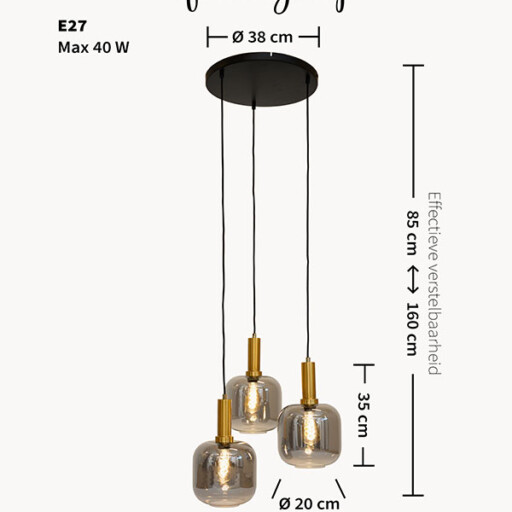 Hanglamp smoke glas - Chiq zwart goud
