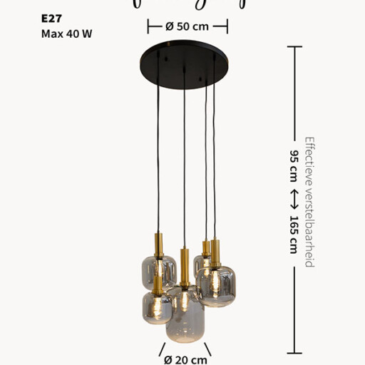 Hanglamp smoke glas - Cinq zwart goud